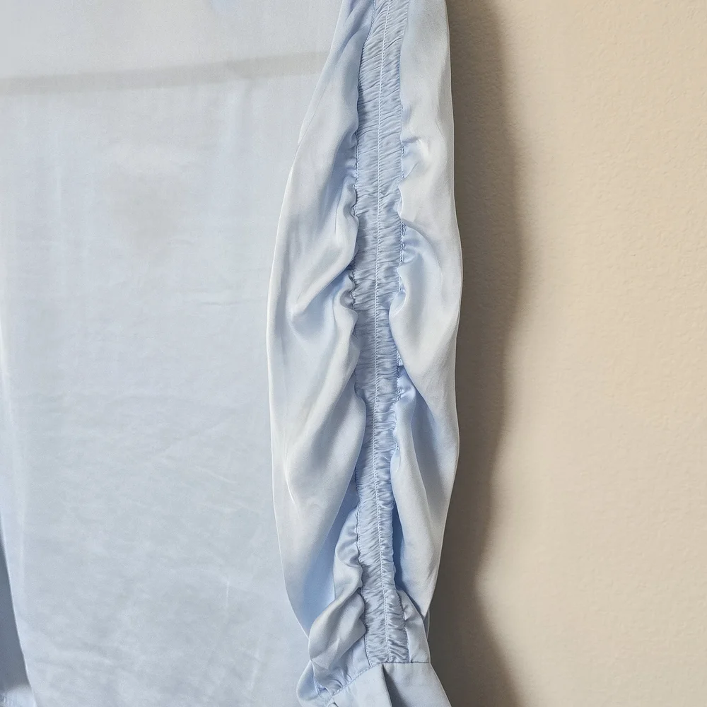 White House Black Market Light Blue Blouse With Rouched Sleeves - Picture 8 of 8